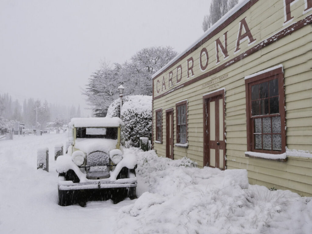1928 Chrysler Model 62, parked outside the historic Central Otago hotel in the Cardrona after a heavy snow fall